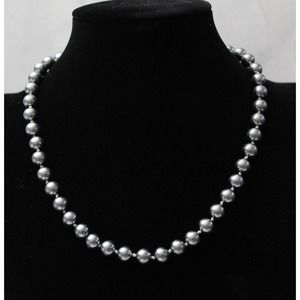 Grey Faux Pearl Necklace with Knots Between The Beads N85
